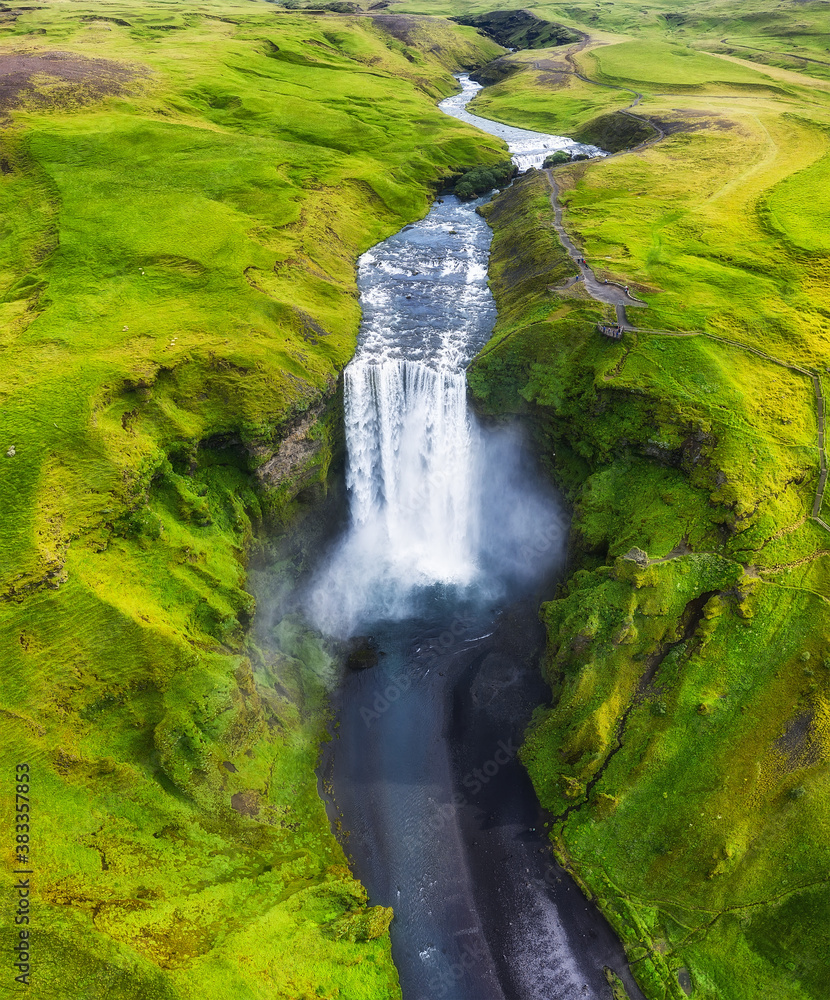 Iceland. Aerial view on the Skogafoss waterfall. Landscape in the Iceland from air. Famous place in 