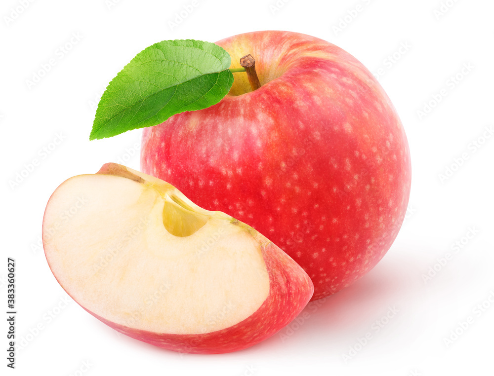 One whole red apple and a piece isolated on white background