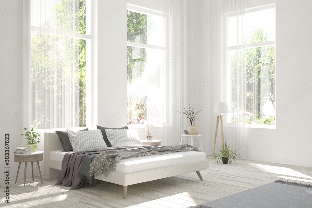 Stylish bedroom in white color with summer landscape in window. Scandinavian interior design. 3D ill