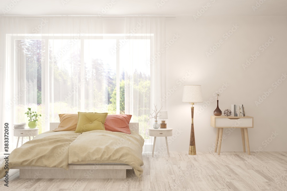 White bedroom interior. Scandinavian design. 3D illustration