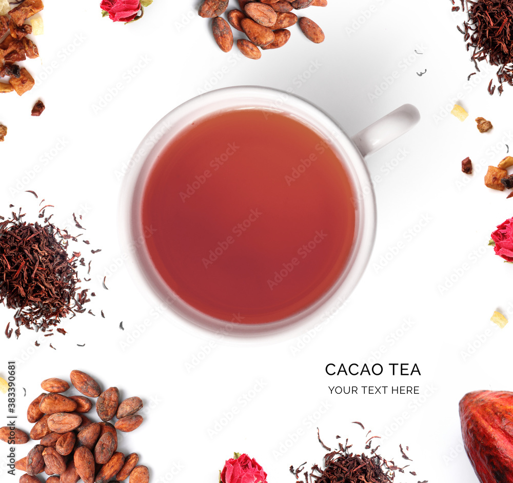 Creative layout made of cup cacao tea on a white background. Cacao tea. Top view.