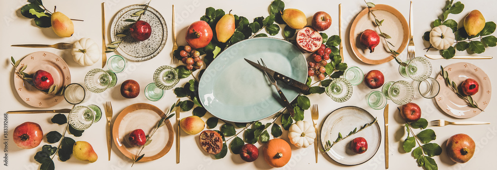 Autumn Thanksgiving, Friendsgiving, family gathering dinner table setting. Flat-lay of Fall table wi