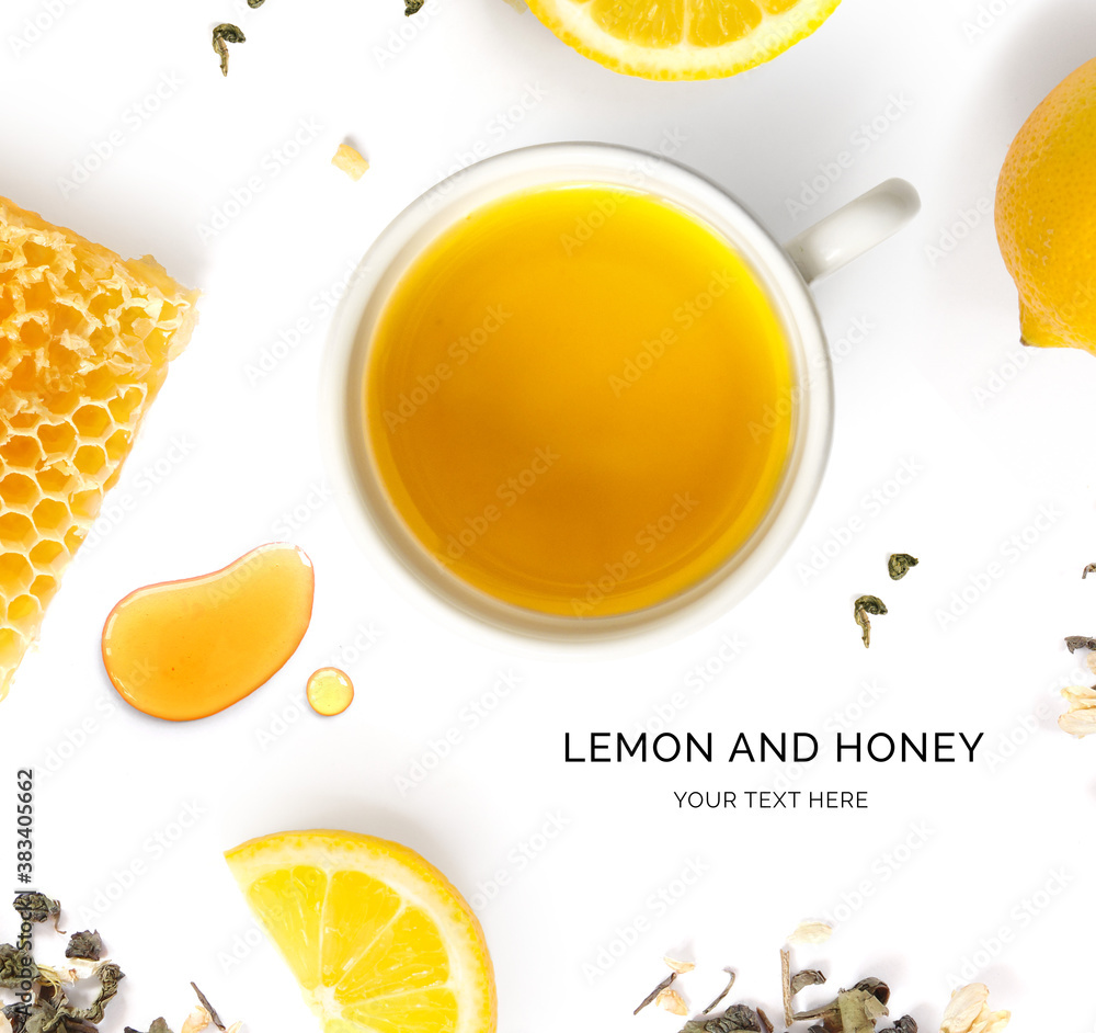 Creative layout made of cup of tea lemon and honey on white background.Flat lay. Food concept.