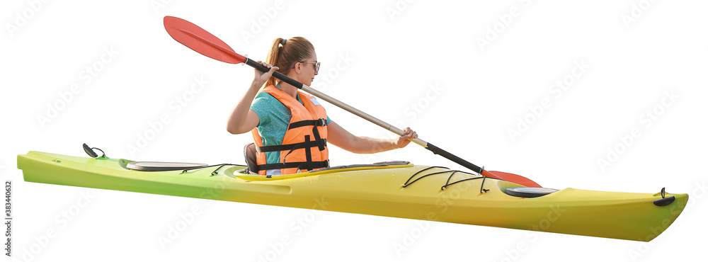 Kayaking young woman isolated on white