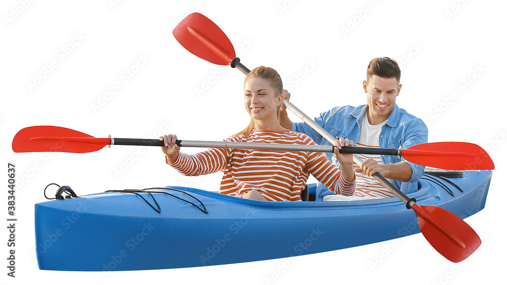 Kayaking young couple isolated on white