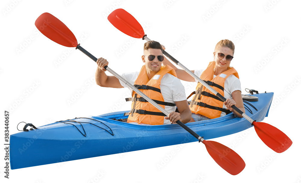 Kayaking young couple isolated on white