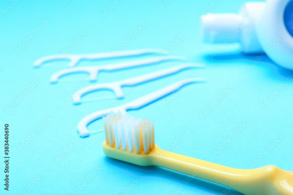 Set for oral hygiene on color background