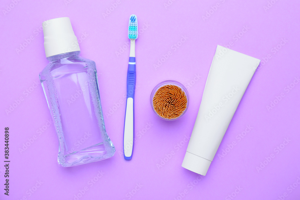 Set for oral hygiene on color background