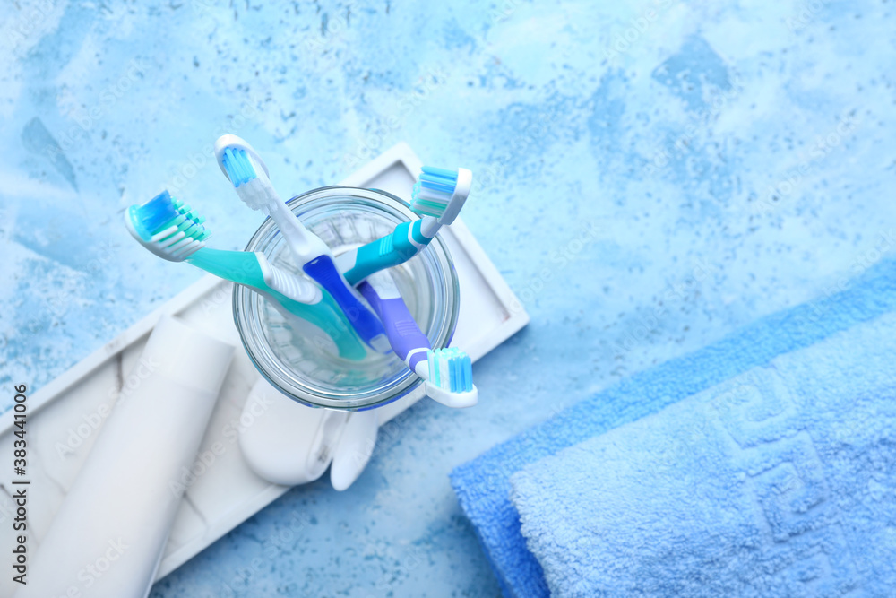 Set for oral hygiene on color background