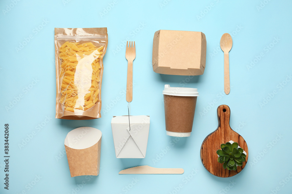 Packages for food and drinks on color background