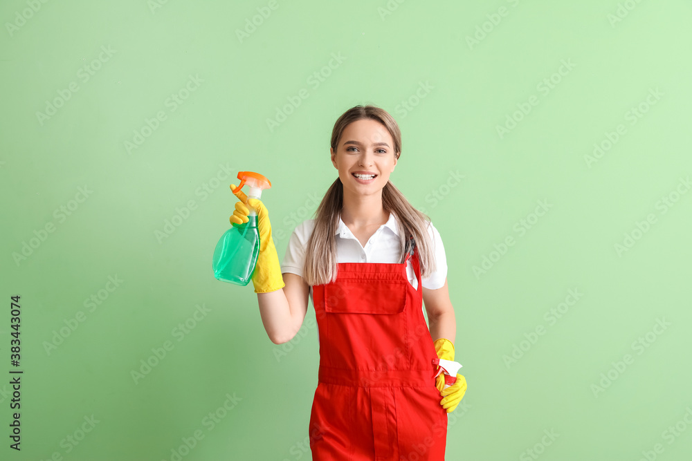 Young woman with detergent on color background