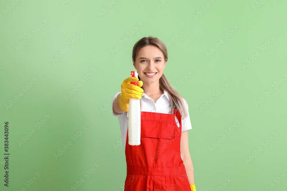 Young woman with detergent on color background