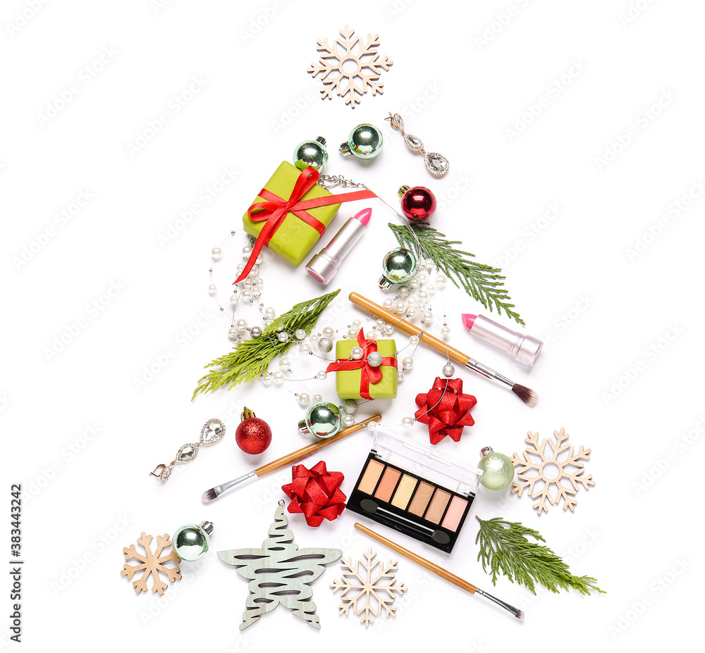 Christmas composition with cosmetics on white background