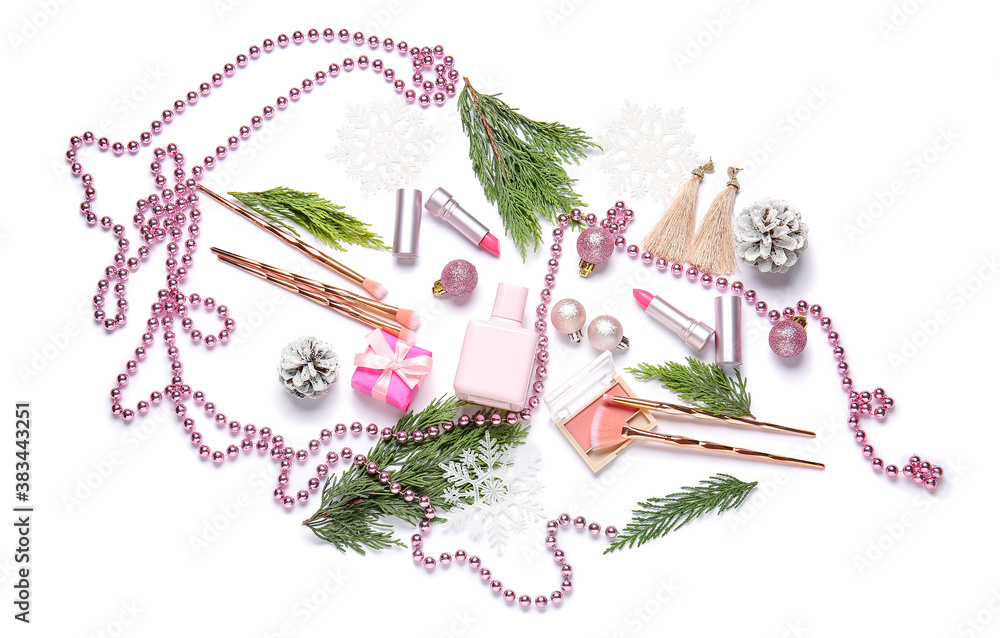 Christmas composition with cosmetics on white background