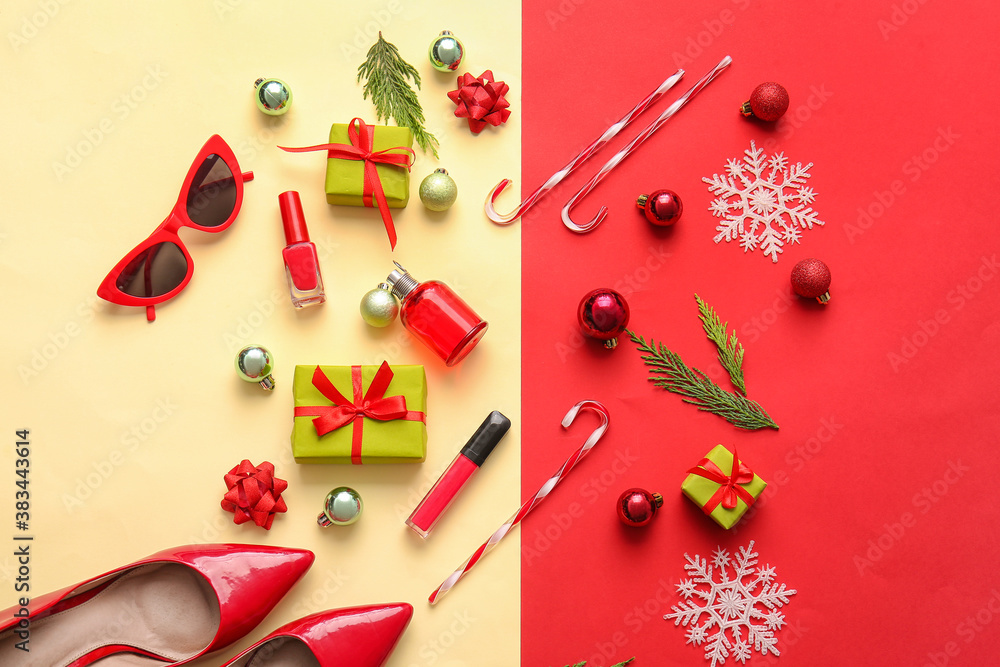 Christmas composition with cosmetics on color background