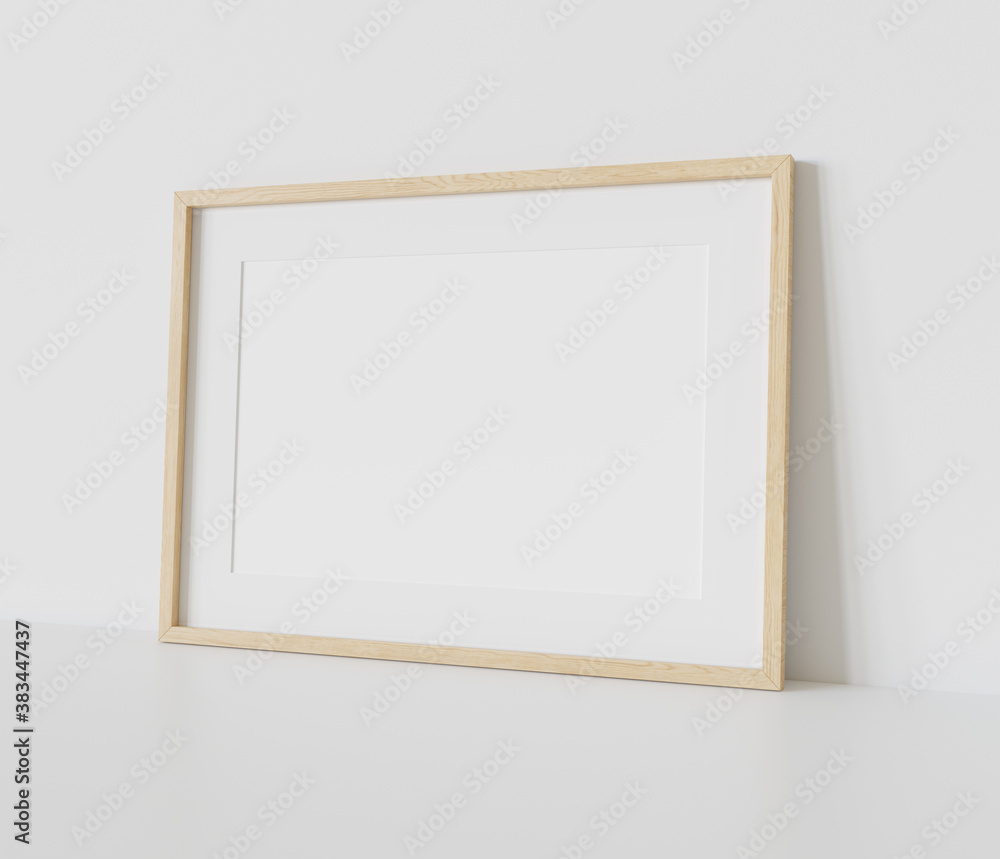 Wooden frame leaning on white floor in interior mockup. Template of a picture framed on a wall 3D re