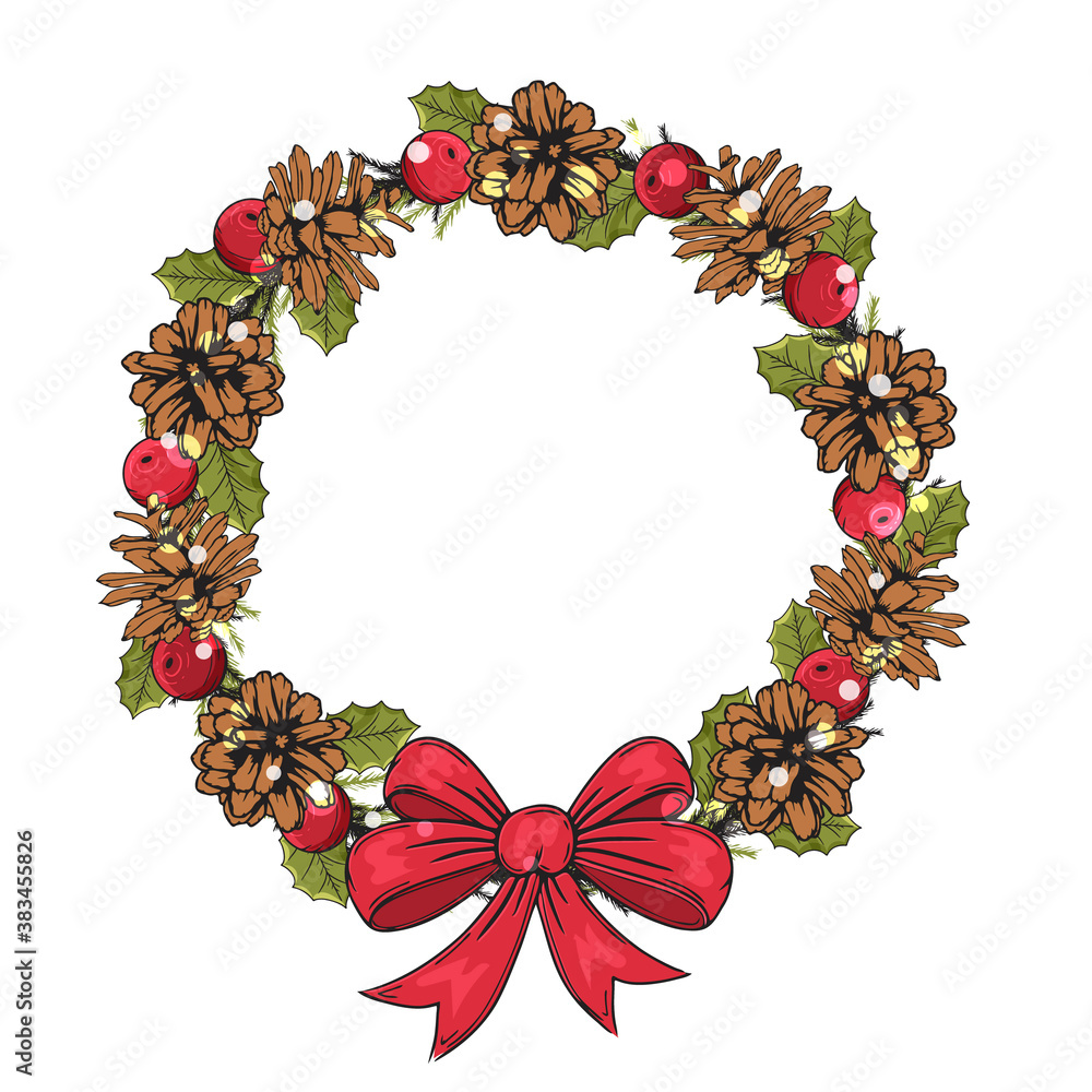 Hand drawn chtistmas frame made from pine cones and a bow. Traditional winter object. Vector illustr