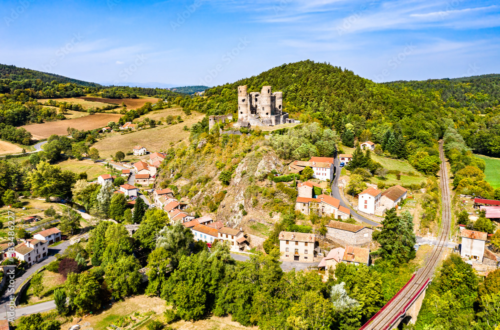 Aerial view of the ruins of Domeyrat Castle in Auvergne, France