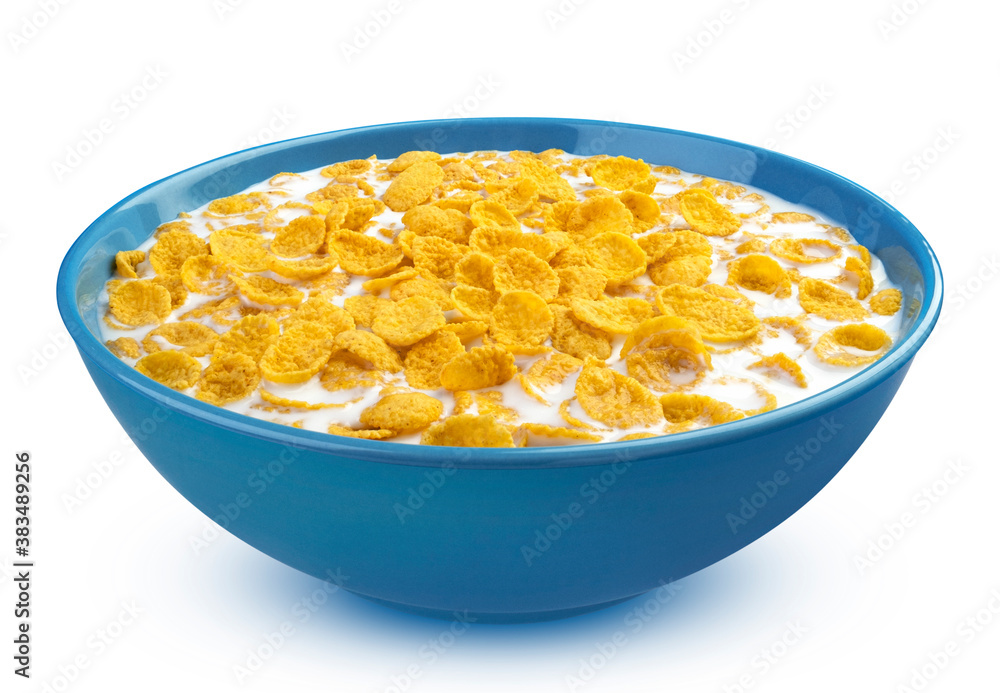 Corn flakes with milk, bowl of cereal breakfast isolated on white background