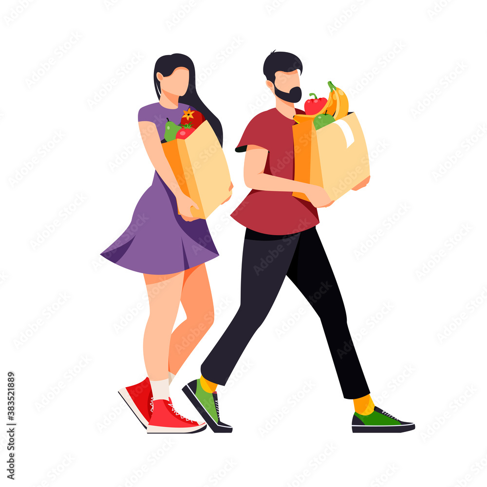 Isolated on white man and woman with  grocery paper bags vector illustration. Buying healthy food de