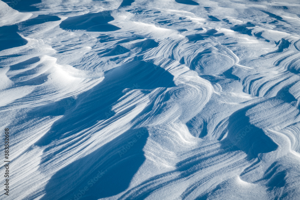 Snow texture on the field on a sunny day. Nature winter, holiday and Christmas background