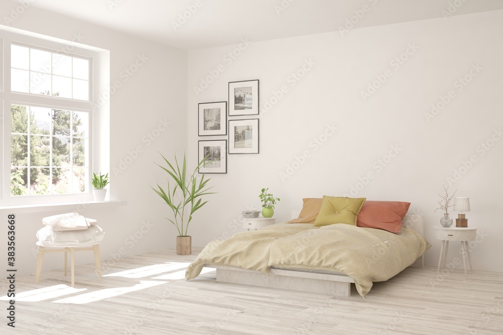 White bedroom interior. Scandinavian design. 3D illustration