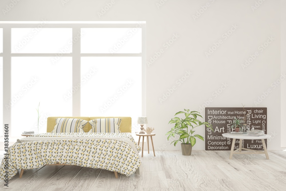 White bedroom interior. Scandinavian design. 3D illustration