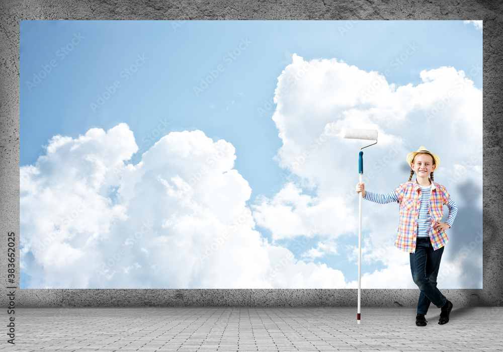 girl with roller stands near the wall