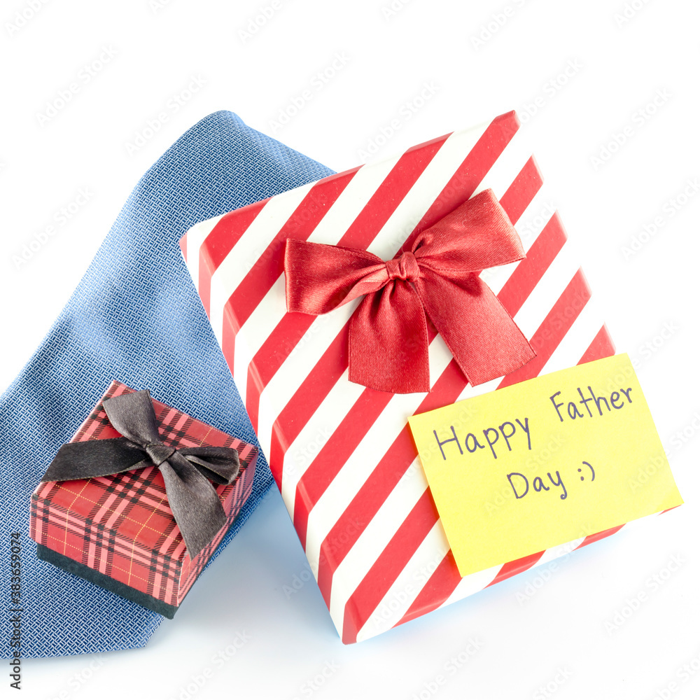 tie and two gift boxes with card tag write happy father day word