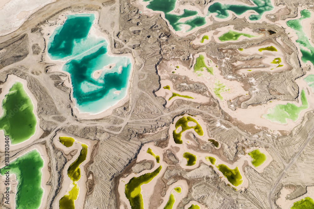 Aerial of salt lakes, natural landscape in Qinghai, China.