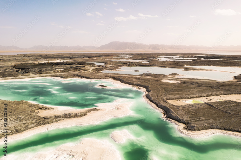 Aerial of salt lakes, natural landscape in Qinghai, China.