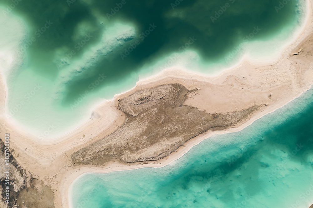 Aerial of salt lakes, natural landscape in Qinghai, China.