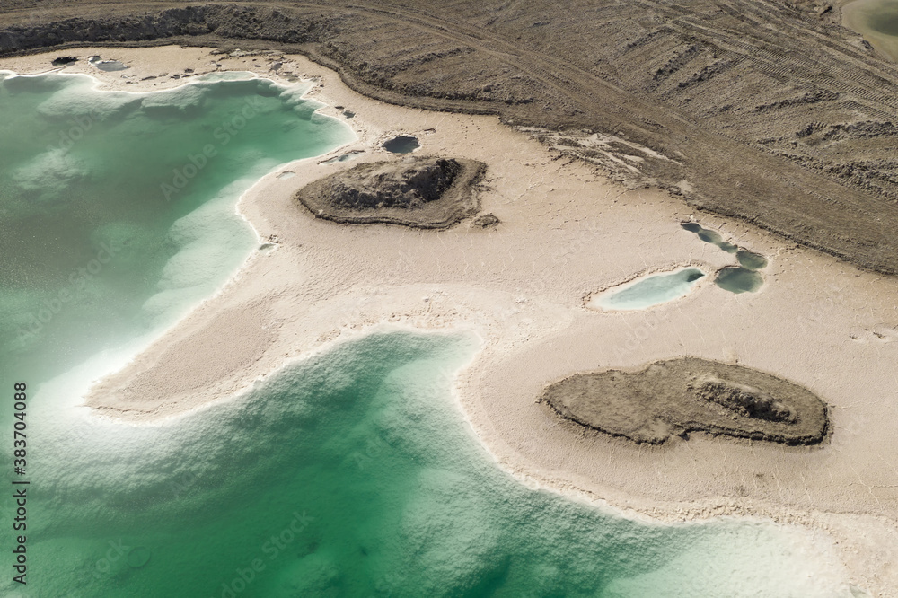 Aerial of salt lakes, natural landscape in Qinghai, China.