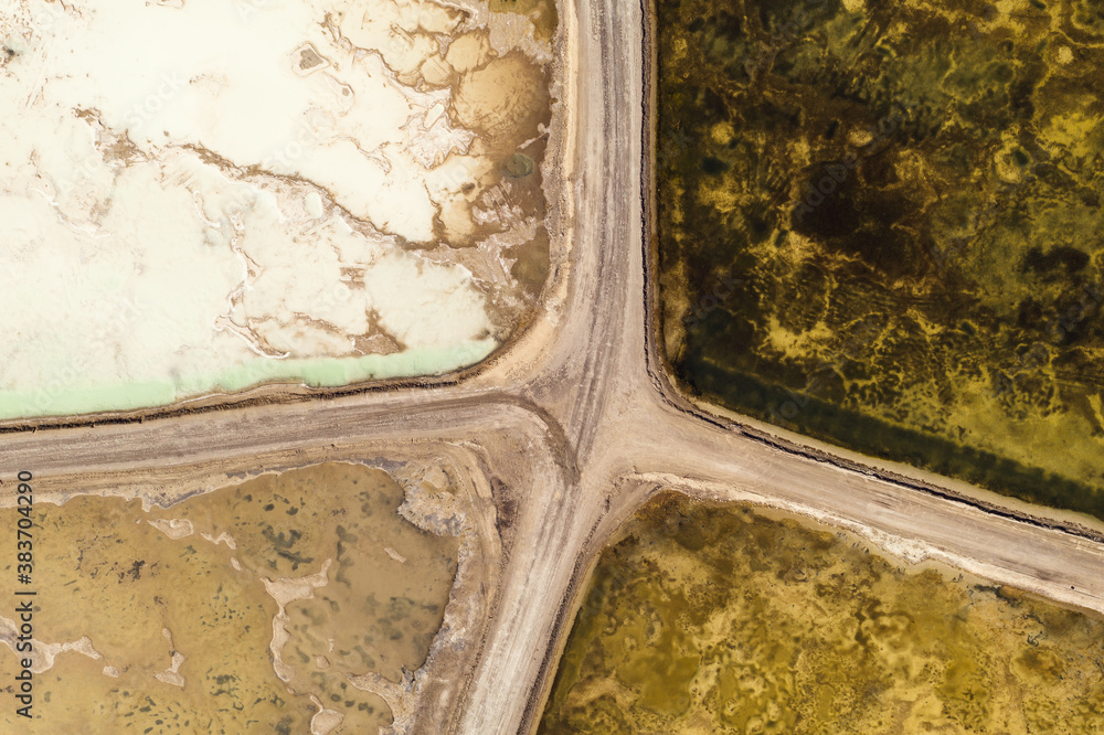 Aerial of salt lakes, natural landscape in Qinghai, China.