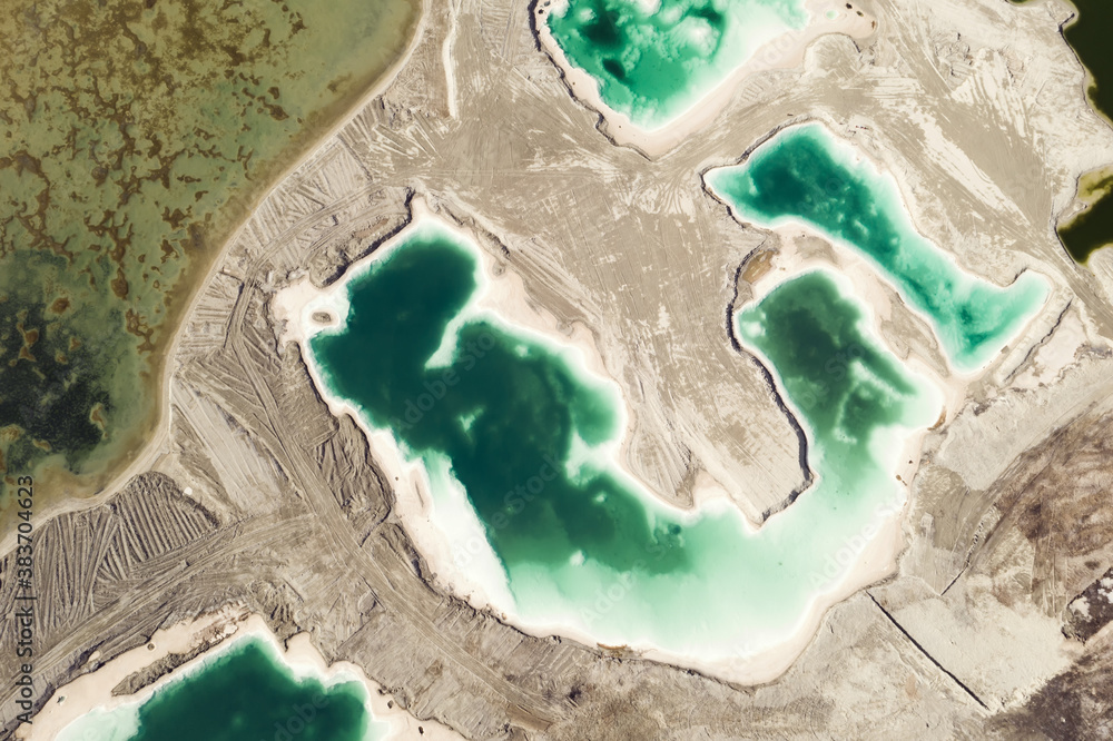 Aerial of salt lakes, natural landscape in Qinghai, China.