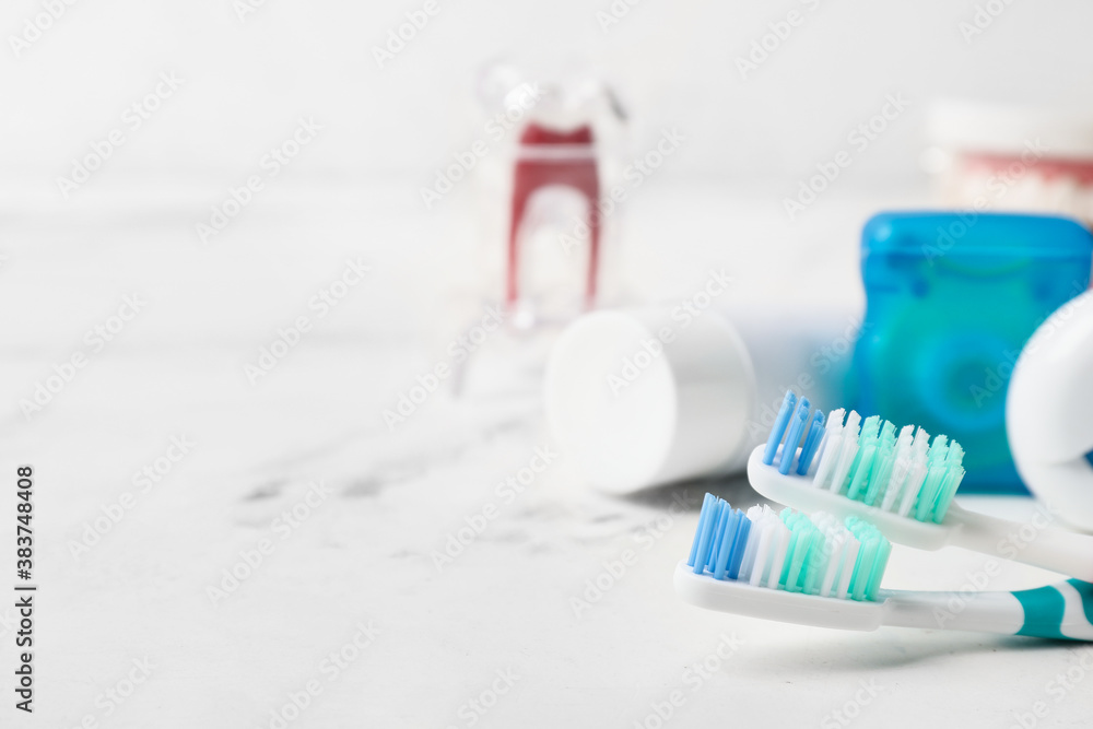 Set for oral hygiene on table