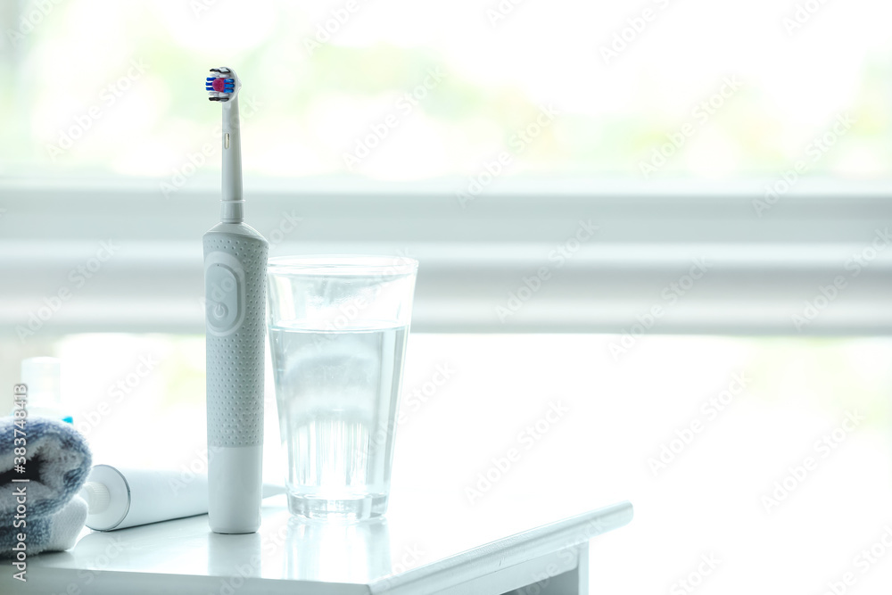 Set for oral hygiene on table in bathroom