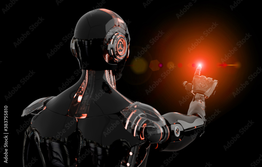 Black and orange intelligent robot cyborg pointing finger on dark 3D rendering