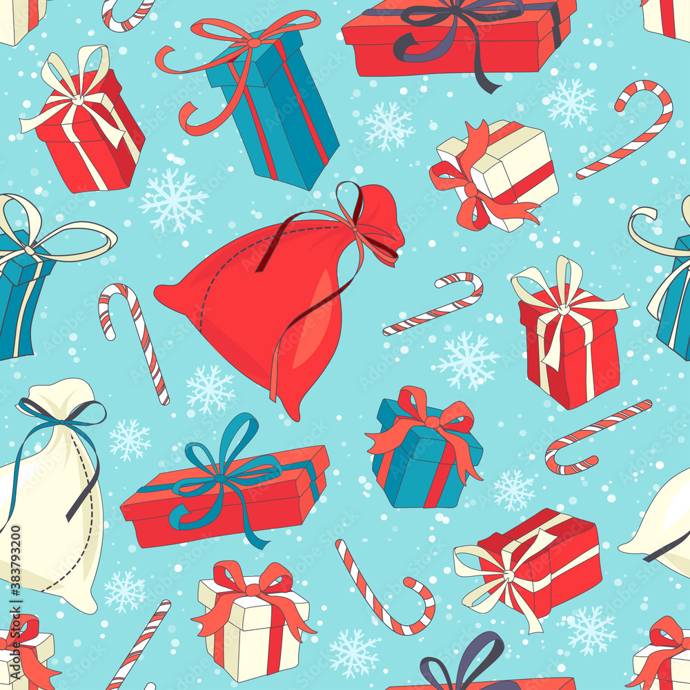 Funny Merry Christmas seamless pattern with gift boxes and candy. Hand drawn doodle style