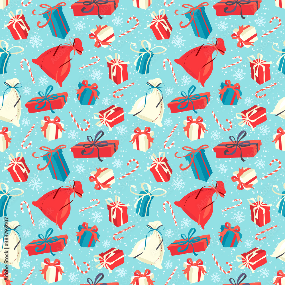 Funny Merry Christmas seamless pattern with gift boxes and candy. Hand drawn doodle style