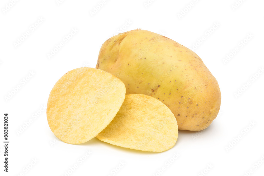 Crispy potato chips snack flat cut with fresh potato isolated on white background.