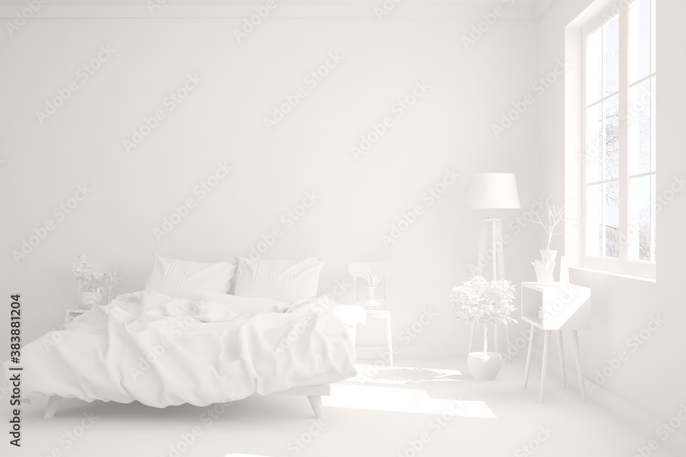 Modern bedroom in white color. Scandinavian interior design. 3D illustration