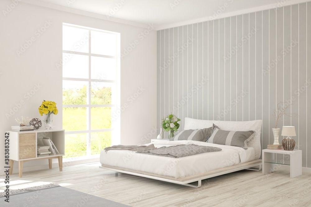 White bedroom interior. Scandinavian design. 3D illustration