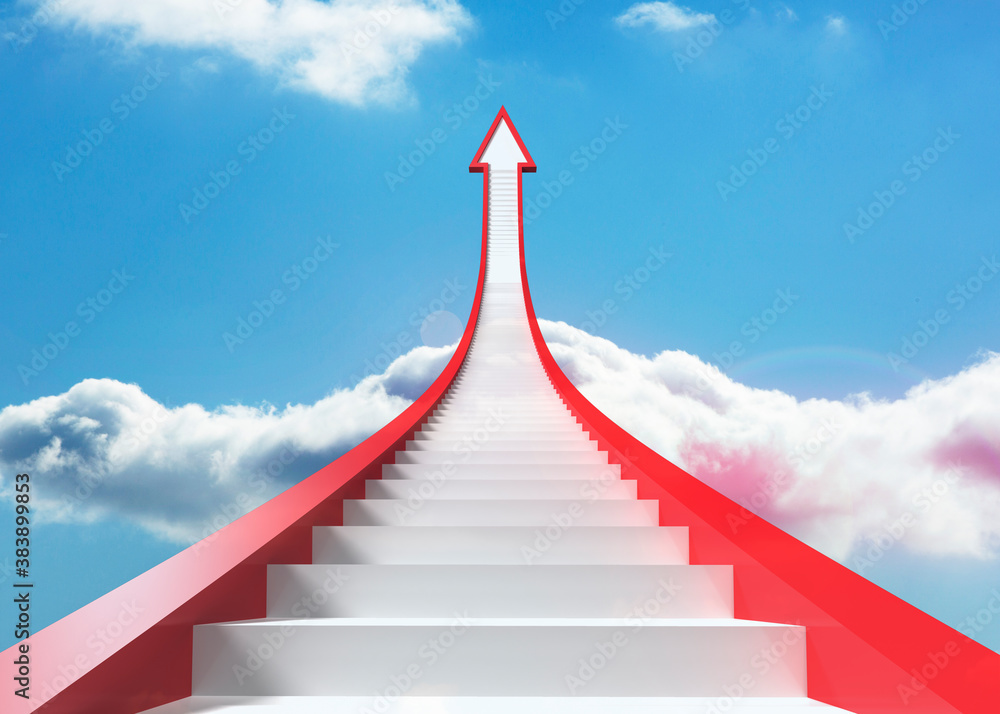 Red steps arrow pointing up against sky