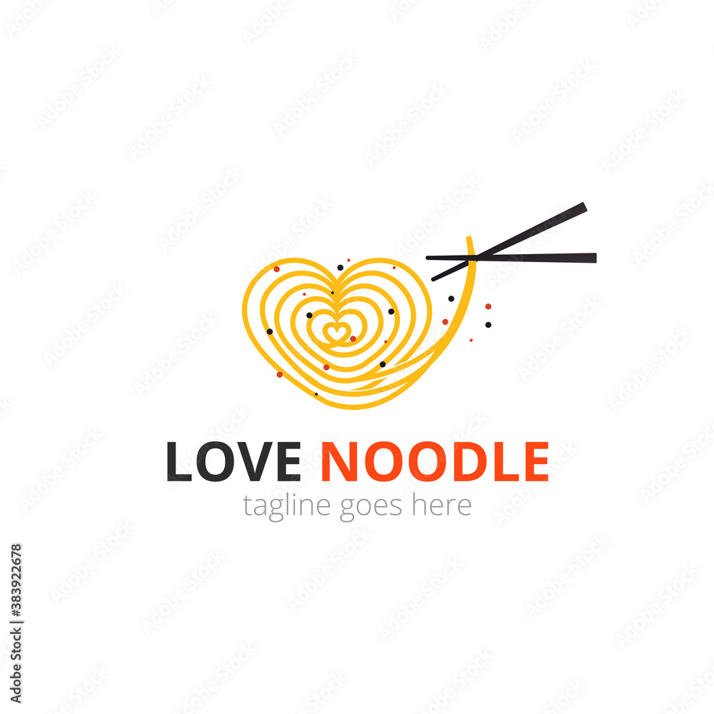 Love noodle logo concept. spaghetti with chopsticks. Japanese template vector