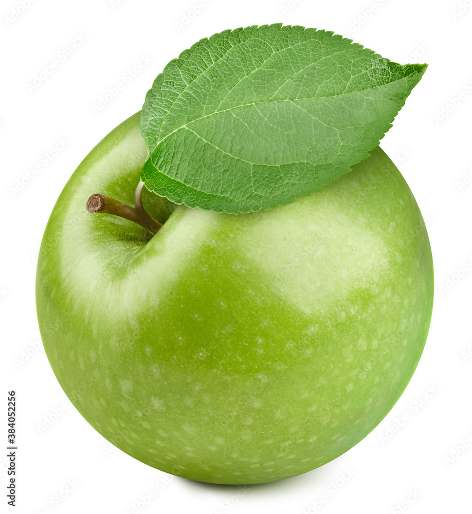 Apple with clipping path. Green apple. Fresh organic apple with leaves isolated on white background.