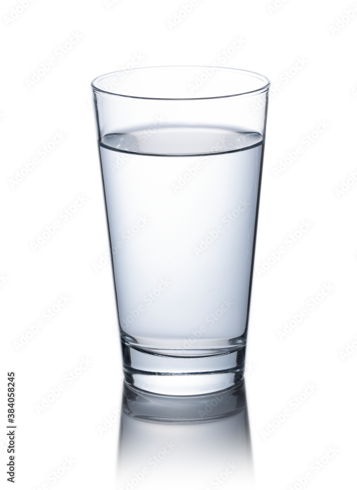 A clear glass of water on a white background