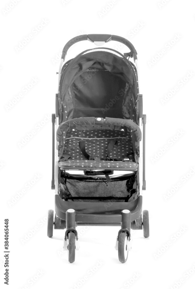 Modern baby stroller on white background