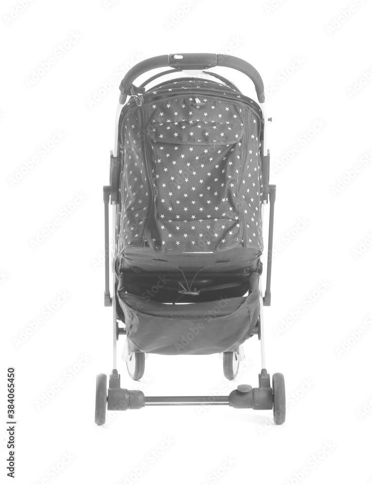 Modern baby stroller on white background