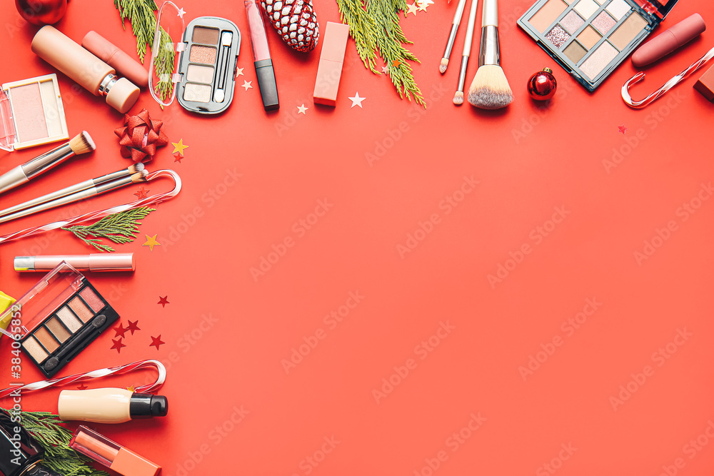 Christmas composition with cosmetics on color background